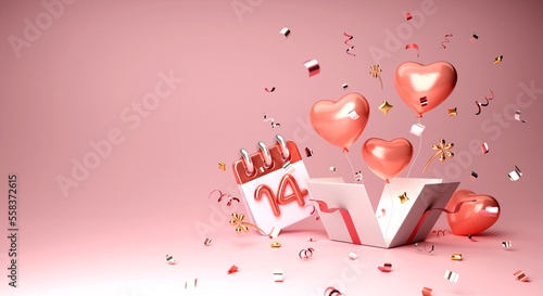Happy Valentines day background with calendar date 14 February, Rose gold luxury, glitter confetti, open present with heart shape balloon, copy space text, 3D rendering illustration