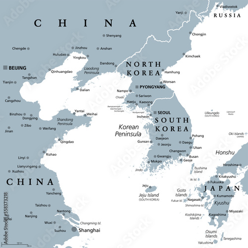 Korean Peninsula region, gray political map. Peninsular region Korea in East Asia, divided between North and South Korea, bordered by China and Russia, and separated from Japan by the Korea Strait.