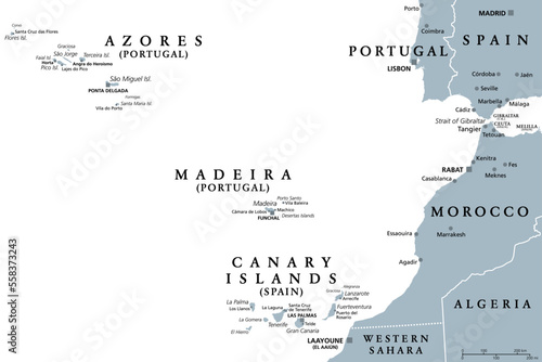 Azores, Madeira, and Canary Islands, gray political map. Autonomous regions of Portugal and Spain, archipelagos of volcanic islands in Macaronesia Region of North Atlantic Ocean, next to North Africa.