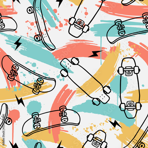Hand-drawn skateboarding seamless pattern. Skate background texture. Skateboarding doodle illustration. Vector seamless repeat pattern.