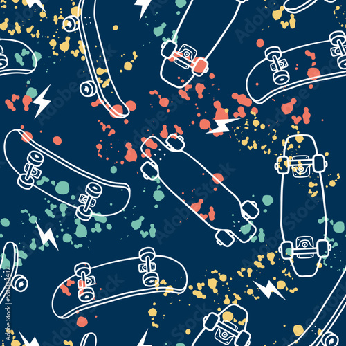 Hand-drawn skateboarding seamless pattern. Skate background texture. Skateboarding doodle illustration. Vector seamless repeat pattern.