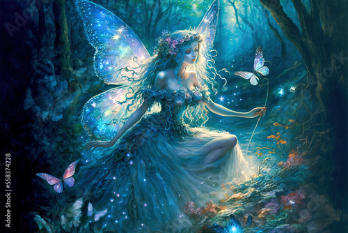 Fairy with wings in an enchanted magical forest. Digital artwork 