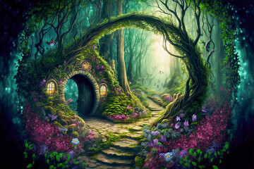 Gardinen Kinderzimmer Fantasy fairy tale background. Fantasy enchanted forest with magical luminous plants, built ancient mighty trees covered with moss, with beautiful houses,  butterflies and fireflies fly in the air.  © Katynn