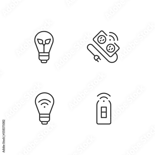 Home lighting pixel perfect linear icons set. Smart and energy efficient bulb. Innovative power strip. Customizable thin line symbols. Isolated vector outline illustrations. Editable stroke