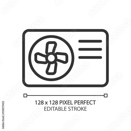 Air source heat pump pixel perfect linear icon. Heating and cooling appliance. Device for home and office. Thin line illustration. Contour symbol. Vector outline drawing. Editable stroke