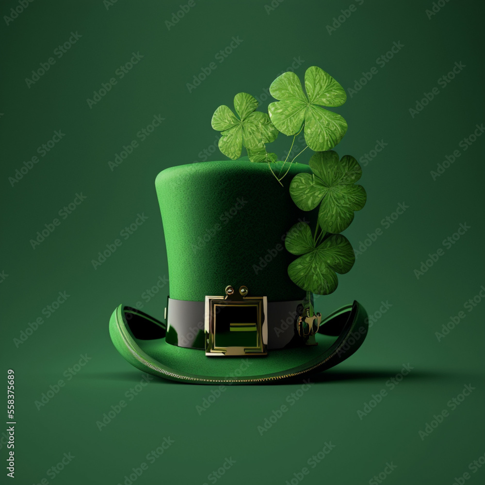 Green top hat 4 leaf clover bright background St Patricks Day theme ...