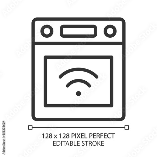 Smart stove pixel perfect linear icon. Kitchen appliance. Automatic features. Device for cooking meal. IoT. Thin line illustration. Contour symbol. Vector outline drawing. Editable stroke