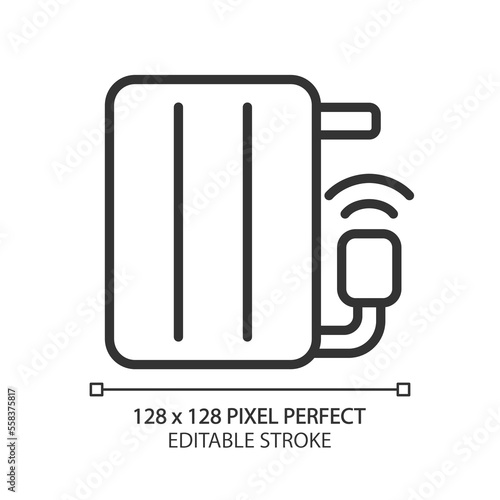 Smart radiator pixel perfect linear icon. Room temperature regulation. Control device via smartphone app. Thin line illustration. Contour symbol. Vector outline drawing. Editable stroke