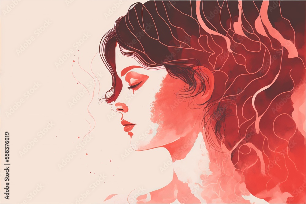illustration of a woman, soft pink and red color, ai generated