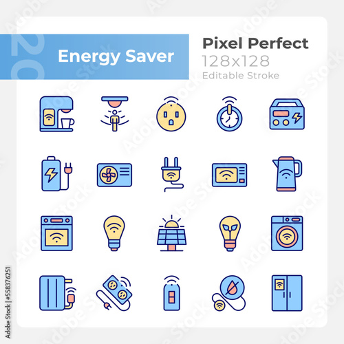 Energy saver pixel perfect RGB color icons set. Smart home appliances. Internet of things. Automated devices. Isolated vector illustrations. Simple filled line drawings collection. Editable stroke
