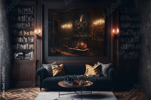 Medieval style fantasy home living room interior in old castle style hotel