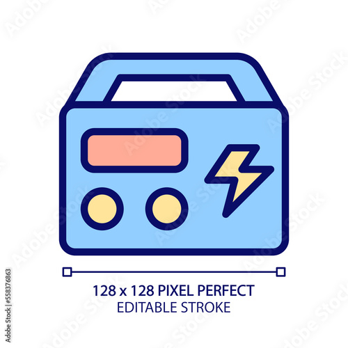 Portable power station pixel perfect RGB color icon. Rechargeable device. Battery generator. Appliance for home and camping. Isolated vector illustration. Simple filled line drawing. Editable stroke