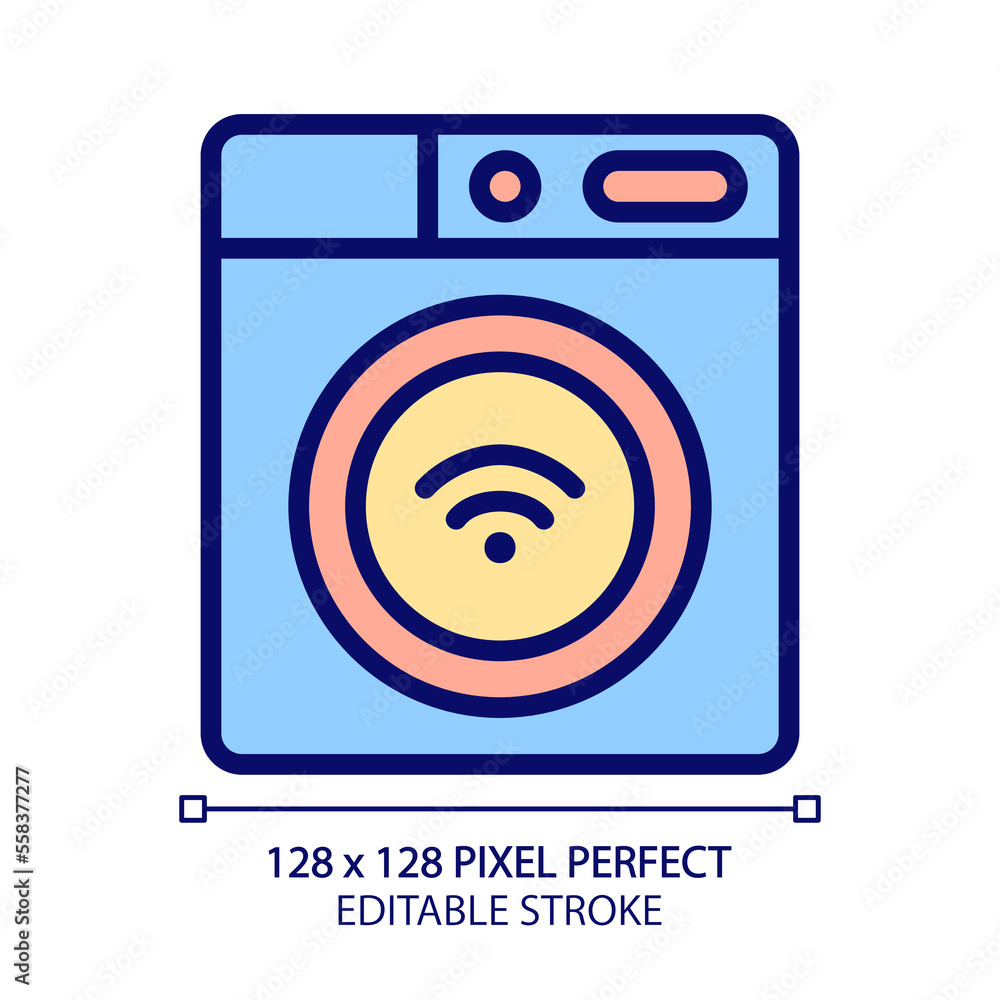 Smart washing machine pixel perfect RGB color icon. Home appliance. Device for laundry. Remote control via smartphone app. Isolated vector illustration. Simple filled line drawing. Editable stroke Smart washing machine pixel perfect RGB color icon. Home appliance. Device for laundry. Remote control via smartphone app. Isolated vector illustration. Simple filled line drawing. Editable stroke
