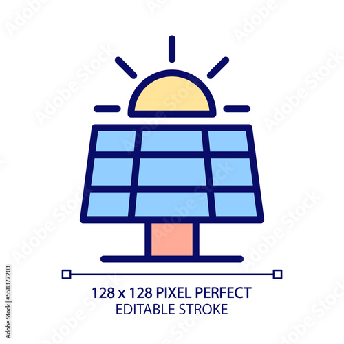 Solar panel pixel perfect RGB color icon. Photovoltaic. Alternative source of energy. Convert light in electricity. Isolated vector illustration. Simple filled line drawing. Editable stroke