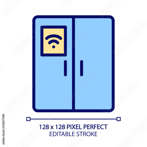 Smart fridge pixel perfect RGB color icon. Kitchen appliance. Food storage. Internet of things. Automatic refrigerator. Isolated vector illustration. Simple filled line drawing. Editable stroke