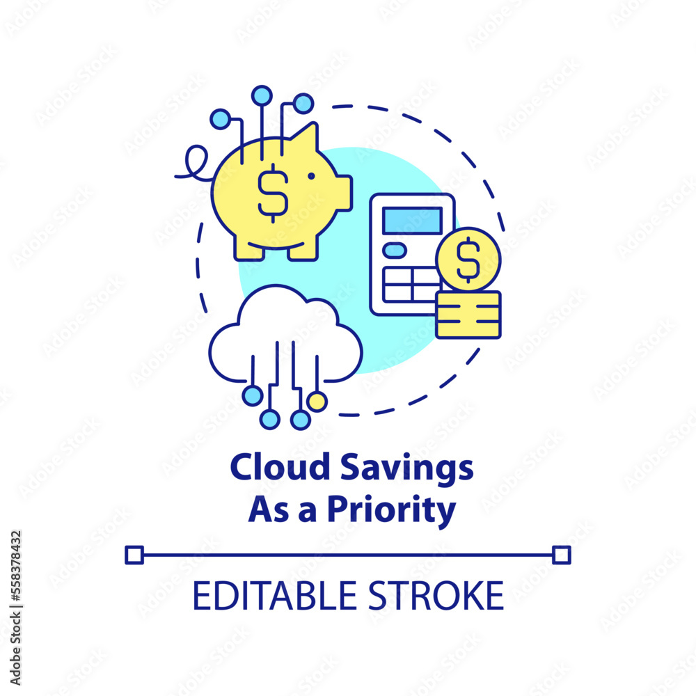 Cloud savings as priority concept icon. Cutting out costs. Storage computing trends abstract idea thin line illustration. Isolated outline drawing. Editable stroke. Arial, Myriad Pro-Bold fonts used Cloud savings as priority concept icon. Cutting out costs. Storage computing trends abstract idea thin line illustration. Isolated outline drawing. Editable stroke. Arial, Myriad Pro-Bold fonts used