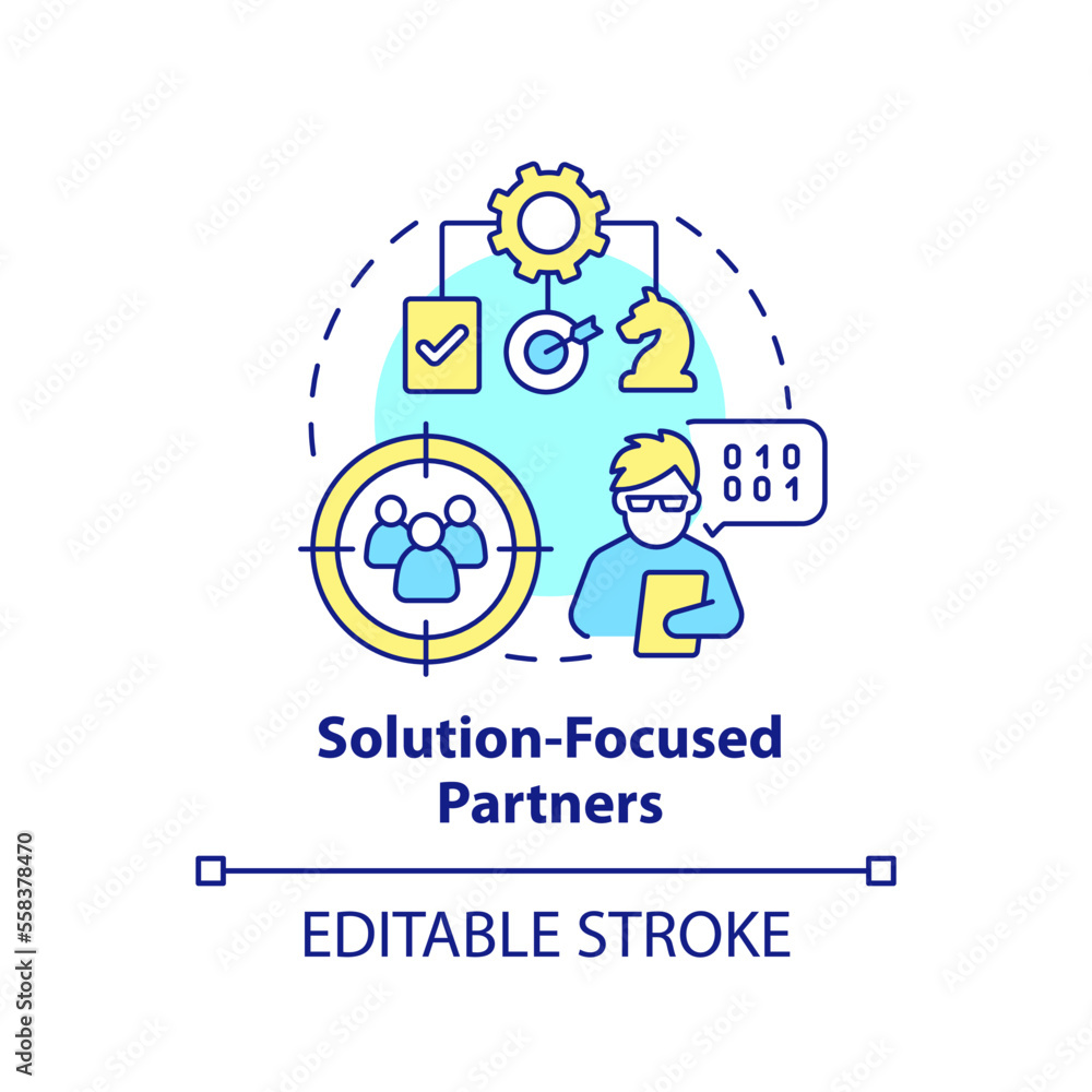 Solution focused partners concept icon. Digital business strategy. Cloud computing abstract idea thin line illustration. Isolated outline drawing. Editable stroke. Arial, Myriad Pro-Bold fonts used Solution focused partners concept icon. Digital business strategy. Cloud computing abstract idea thin line illustration. Isolated outline drawing. Editable stroke. Arial, Myriad Pro-Bold fonts used