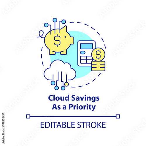 Cloud savings as priority concept icon. Cutting out costs. Storage computing trends abstract idea thin line illustration. Isolated outline drawing. Editable stroke. Arial, Myriad Pro-Bold fonts used