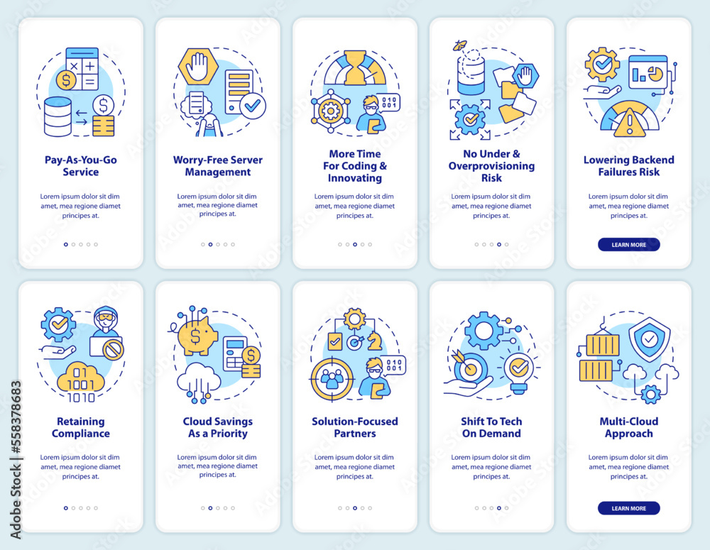 Cloud computing trends onboarding mobile app screen set. IT walkthrough 5 steps editable graphic instructions with linear concepts. UI, UX, GUI template. Myriad Pro-Bold, Regular fonts used