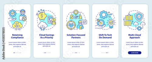 Cloud computing trends onboarding mobile app screen. IT development walkthrough 5 steps editable graphic instructions with linear concepts. UI, UX, GUI template. Myriad Pro-Bold, Regular fonts used