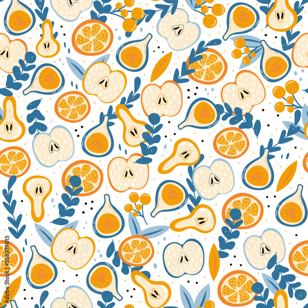 Bright summer seamless pattern with fruits - figs and apples, oranges and pears in cartoon style