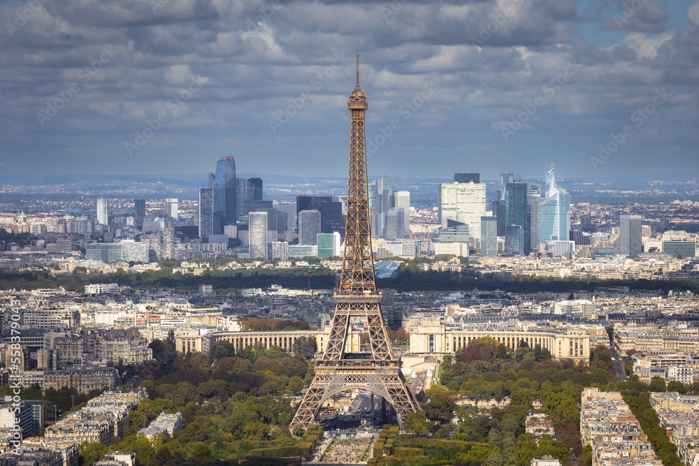Panorama of Paris with Eiffel Tower at sunny day. France