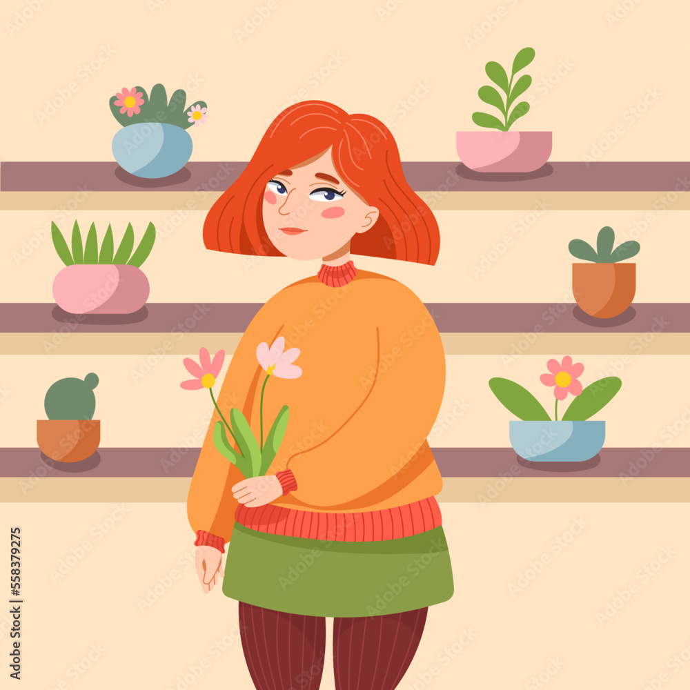 A cute red-haired girl in an orange sweater and a green skirt holds flowers in her hands and stands next to the shelves on which there are houseplants in pots drawn in a cartoon style A cute red-haired girl in an orange sweater and a green skirt holds flowers in her hands and stands next to the shelves on which there are houseplants in pots drawn in a cartoon style