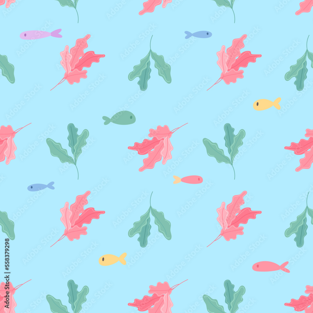 Hand drawn Seamless pattern with fishes and seaweed. Vector image for kids digital textile fabric paper