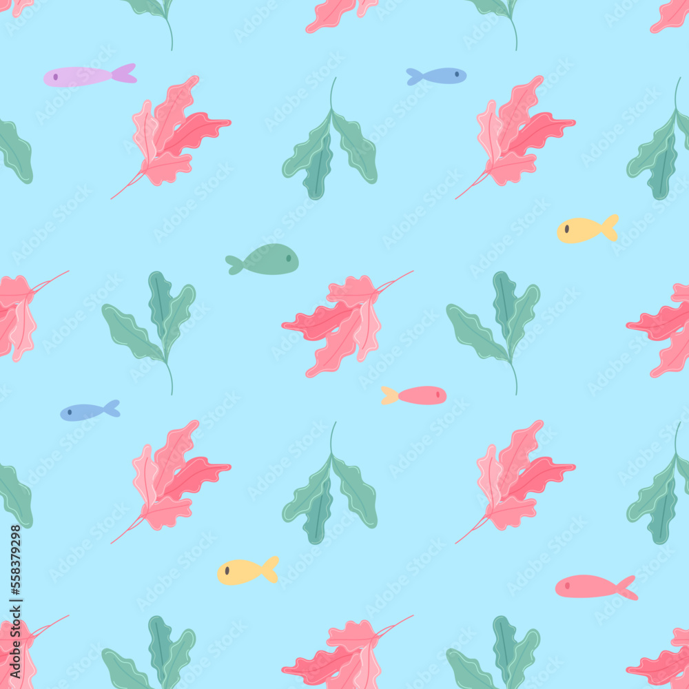 Hand drawn Seamless pattern with fishes and seaweed. Vector image for kids digital textile fabric paper Hand drawn Seamless pattern with fishes and seaweed. Vector image for kids digital textile fabric paper