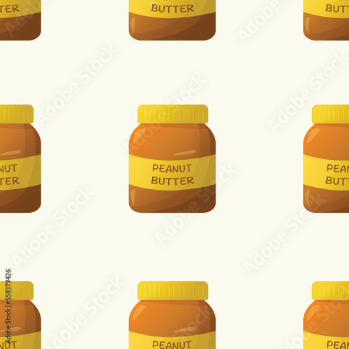 Seamless pattern with peanut butter jar on light background. Flat style