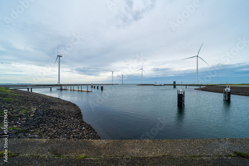 Windturbines at Neeltje Jans island, The Netherlands photo
