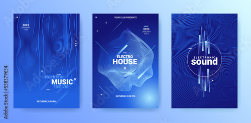 Abstract Techno Sound Flyers. Electro Music Poster. Dance Party Cover. Vector 3d Background. Techno Sound Flyer Set. Geometric Festiv Banner. Gradient Wave Circle. Edm Techno Sound Flyer.