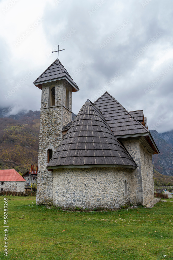 different angles of Theth National Park Albania, beautiful albanian alps mountains and small town of christian people and their chapel in there