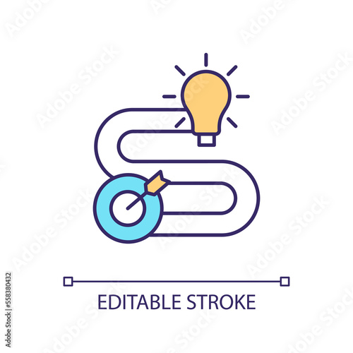 Way from idea to realization RGB color icon. Business scheduling process. Company development planning. Isolated vector illustration. Simple filled line drawing. Editable stroke. Arial font used