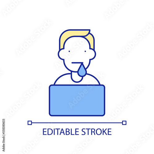 Procrastinator RGB color icon. Unqualified worker. Astonished man. Overworked it specialist. Confused person. Isolated vector illustration. Simple filled line drawing. Editable stroke © bsd studio