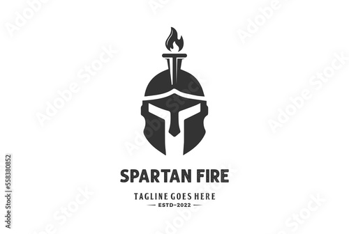 Vintage Greek Sparta Spartan Warrior with Burn Torch Fire Flame Crest Logo Design