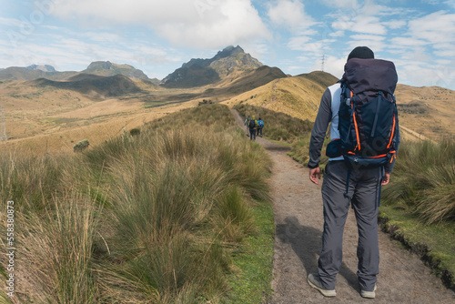 Group of tourists walking towards the Rucu Pichincha near the city of Quito