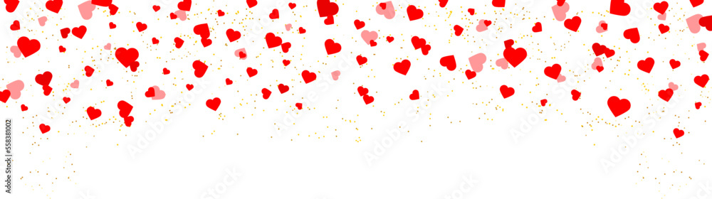 Hearts confetti . Heart png.Pink and red falling hearts .Valentine's Day background. Valentine's day decoration.Hearts frame.Flying hearts with a golden glitter.