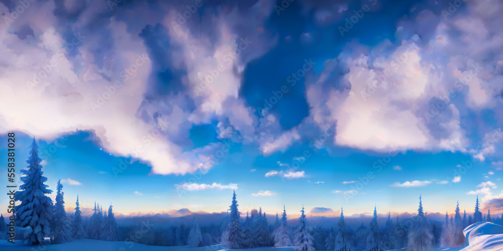 blue sky with clouds over winter forest