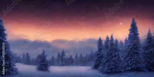 Sunset over winter forest, mountains on background, dreamy