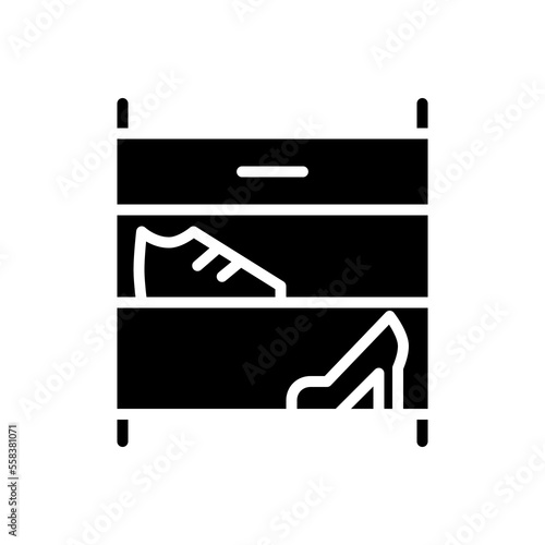 Shoe rack black glyph icon. Footwear storage organizer. Modern contemporary home furniture store. Shelving, cabinet. Silhouette symbol on white space. Solid pictogram. Vector isolated illustration