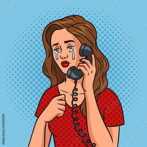 Crying girl with old phone pinup pop art retro vector illustration. Comic book style imitation.