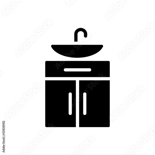 Washstand black glyph icon. Ceramic bathroom sink. Basin with cabinet. Modern contemporary home furniture store. Silhouette symbol on white space. Solid pictogram. Vector isolated illustration