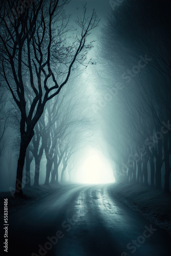 mysterious and spooky road in the foggy forest. mystery concept. generative ai