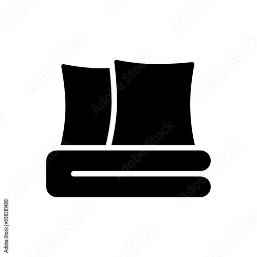 Bedding set black glyph icon. Sheets and pillows. Soft textiles. Bedspread. Modern contemporary home furniture store. Silhouette symbol on white space. Solid pictogram. Vector isolated illustration