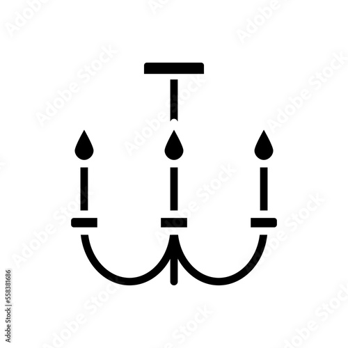 Chandelier black glyph icon. Ceiling light fixture for dining room. Modern contemporary home furniture store. Silhouette symbol on white space. Solid pictogram. Vector isolated illustration