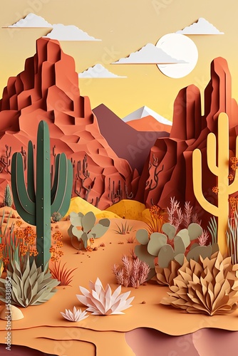 paper craft style illustration of dessert landscape with cactus tree and hill in dry drought weather