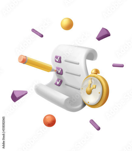 3d scroll to do list and pencil. Check list and clock. Planning project. vector illustration
