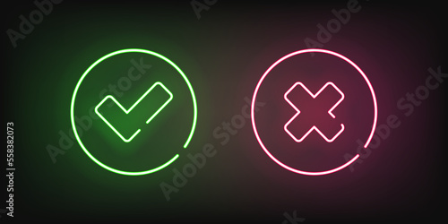 Checkmark and cross neon vector illustration. Yes or no check icon glowing light. Approve and reject on dark background.