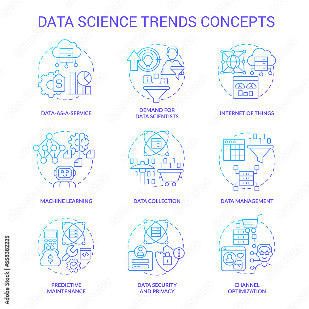 Data science trends blue gradient concept icons set. Technology development analytics idea thin line color illustrations. Isolated symbols. Roboto-Medium, Myriad Pro-Bold fonts used